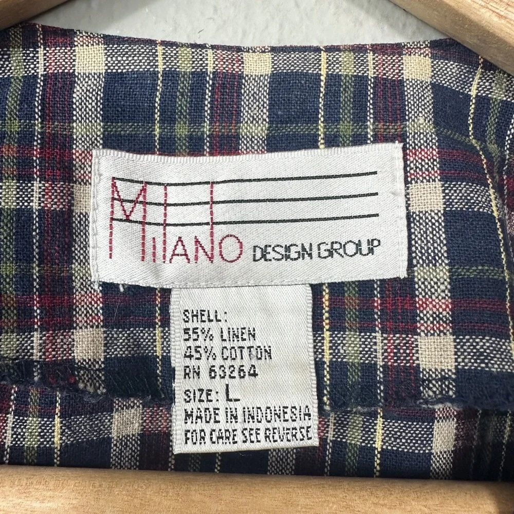 Vintage 90s Milano Design Group Vest Size L Linen Cotton Plaid Grunge‎ Academia